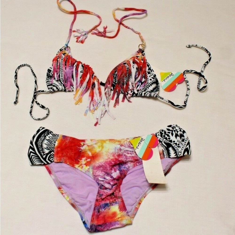 Raisins bikini fringe padded top low rider bottom size Large